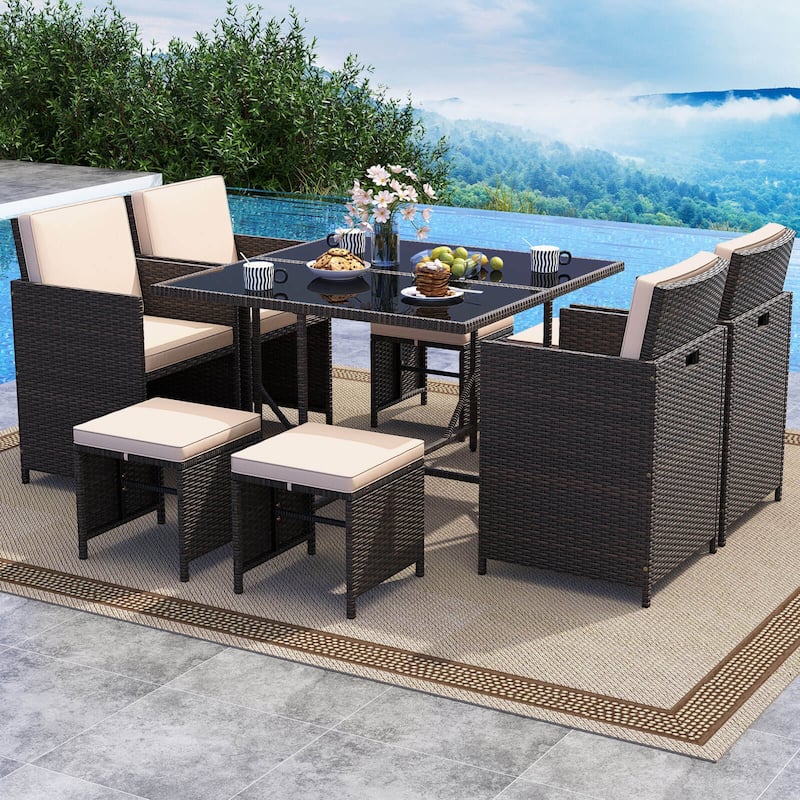 Costway 9 PCS Patio Dining Set with Tempered Glass Table & Ottoman - See Details - Beige