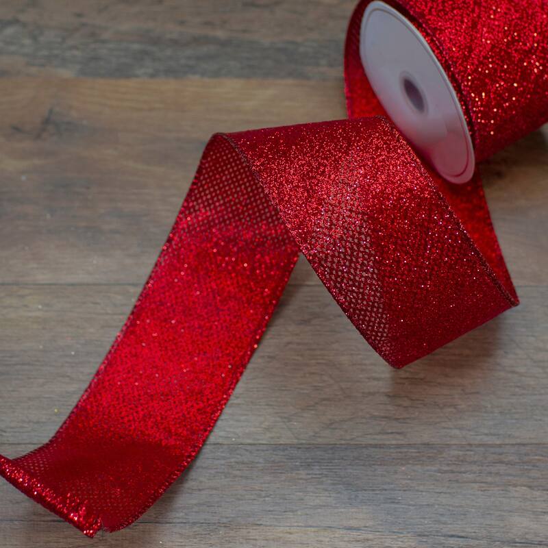 Red Glittered Christmas Wired Craft Ribbon 2.5" x 10 Yards - 2.5" x 10 Yards