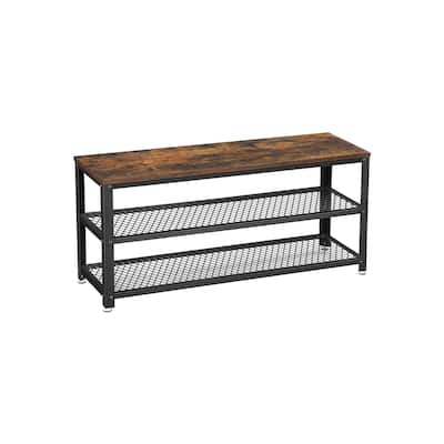 Rustic Brown Shoe Storage Bench with Steel Frame 2 Tier Mesh Shelves and Seat for Entryway Hall - 11.8"D x 39.4"W x 17.7"H
