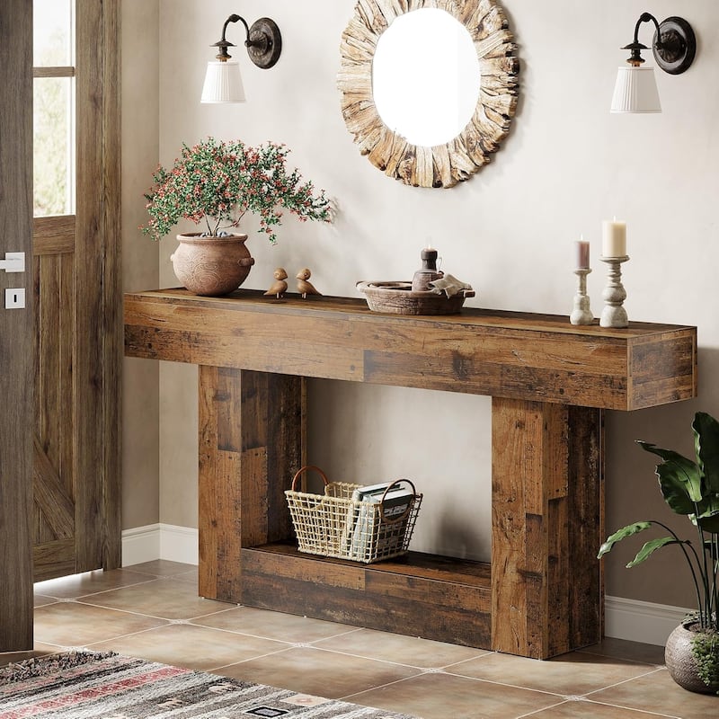63 Inches Console Table, Farmhouse 2 Tiers Entryway Table, Sofa Table