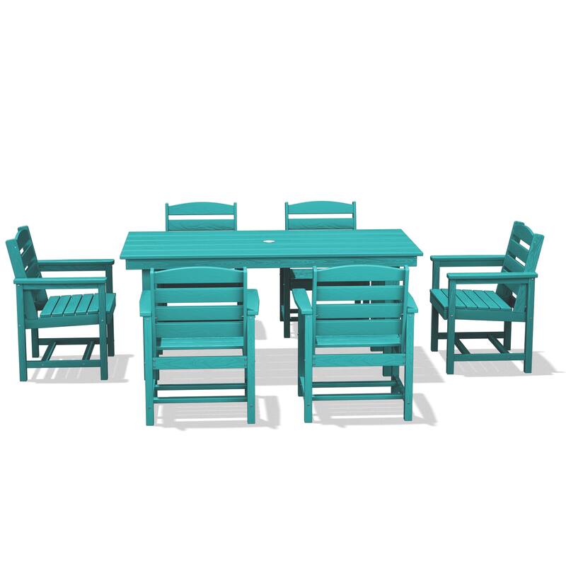 7-Piece HDPE Outdoor Dining Table Sets with Umbrella Hole - 1-Table 6-Chairs