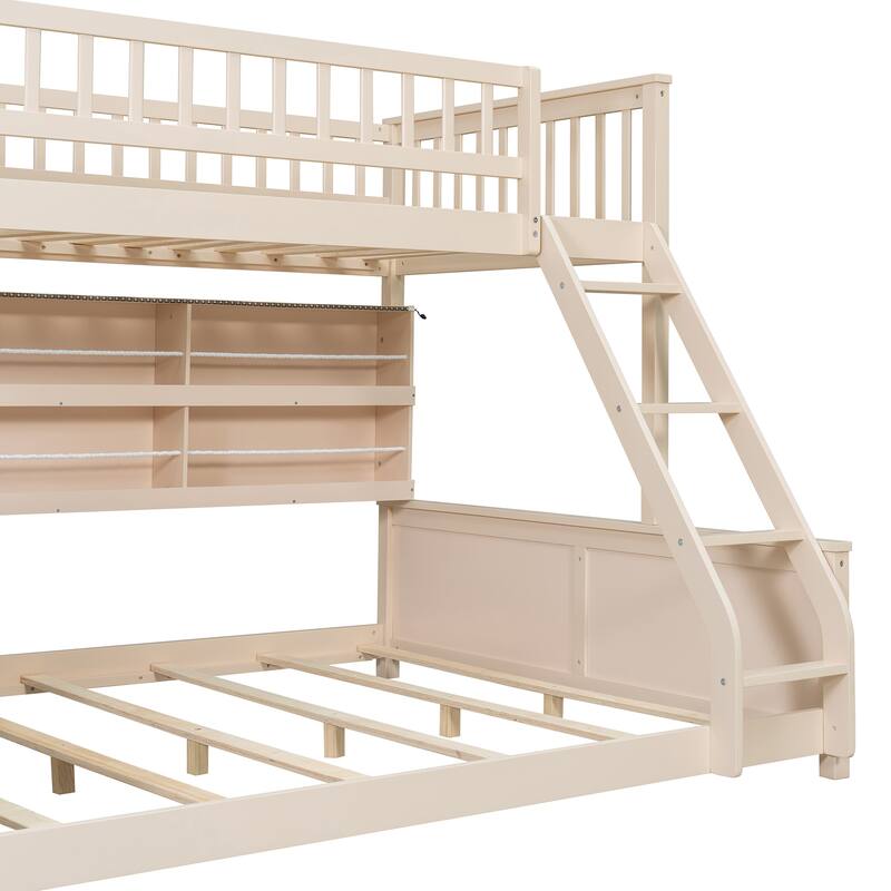Full XL over Queen/Full over Full Bunk Bed with Integrated Shelving, Color-Changing Lights & Pegboard