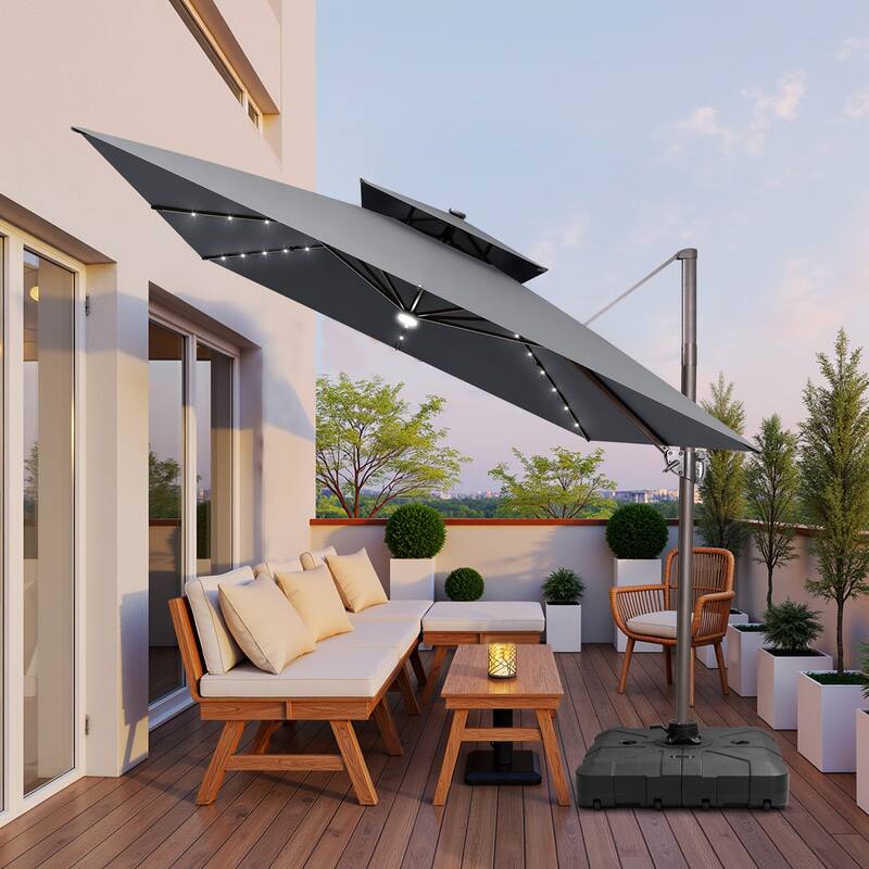 11X11 FT Outdoor Patio Cantilever Umbrella Solar LED Lighted with Wheel Base