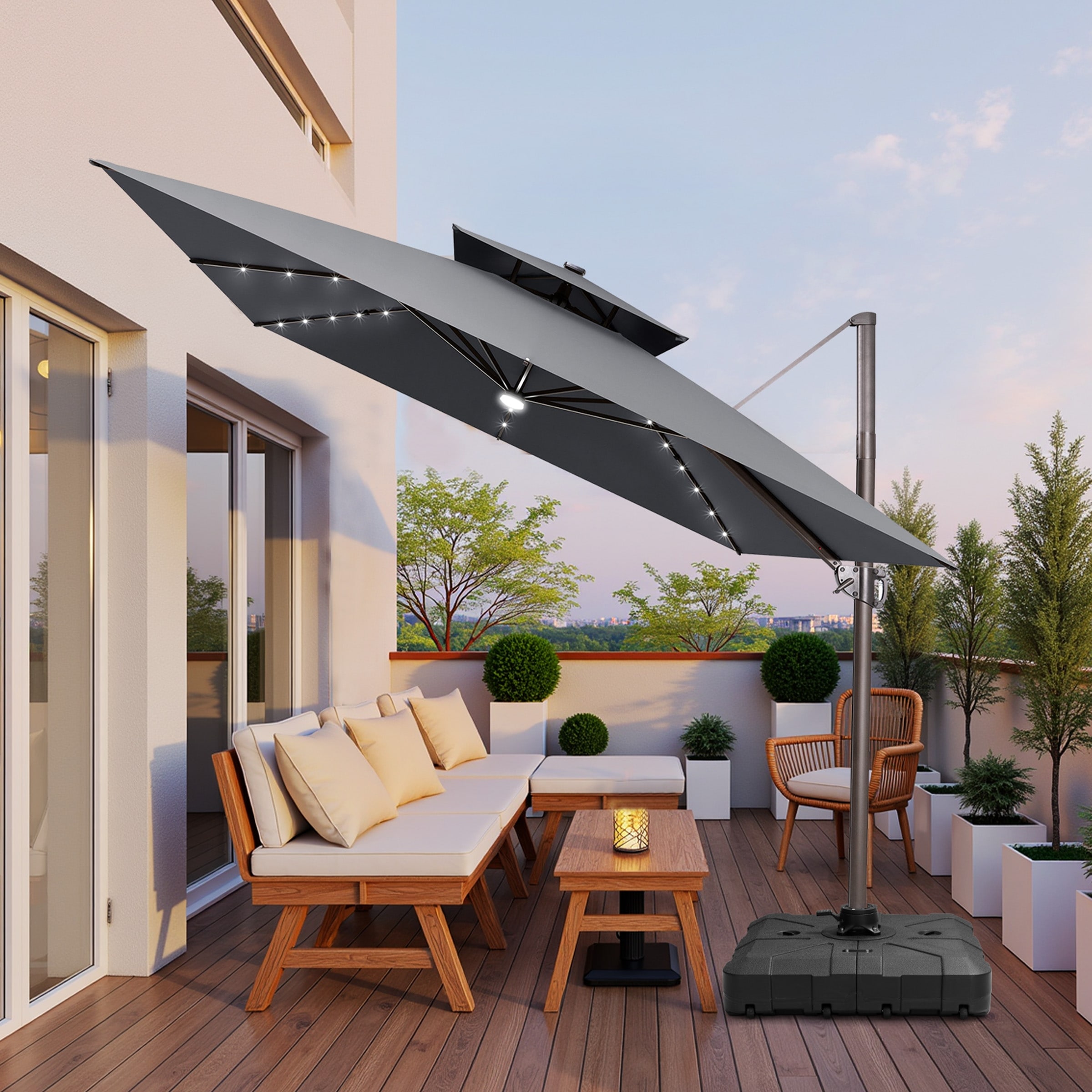 11X11 FT Outdoor Patio Aluminum Cantilever Umbrella Solar LED Lighted with Wheel Base