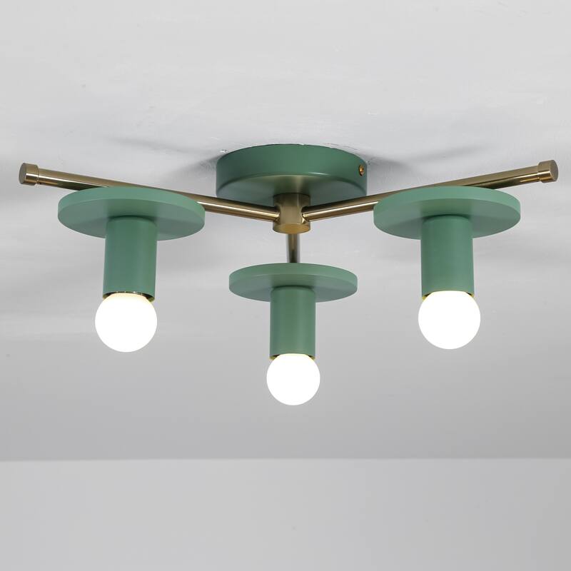 3-Light Modern Green/Black Sputnik Metal Wooden Semi-flush Mount Ceiling Light for Living Room - Green/Gold