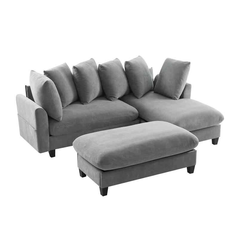 83" L-shaped Sectional Sofa with Storage, Ottoman, Pillows, Grey Chenille for Living Room