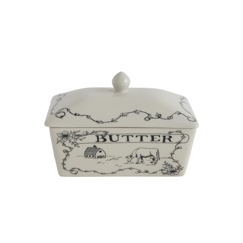 Country Style White & Black Stoneware Butter Dish with Lid