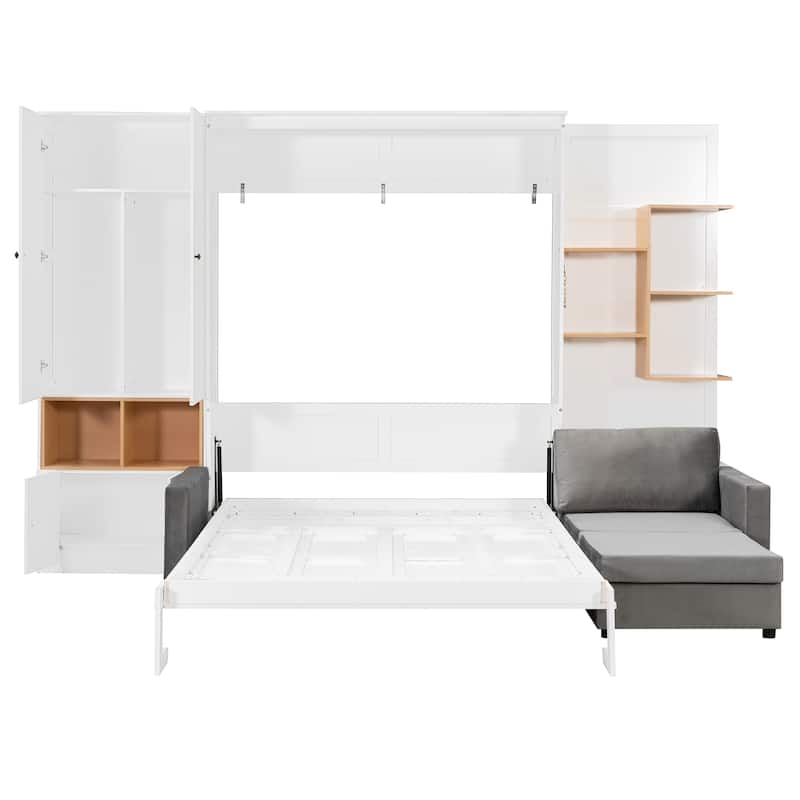 Queen Murphy Bed with Sofa and Cabinets Space Saving Sofa Wall Bed with Open Shelves and Dual Lights for Living Room Guest Room