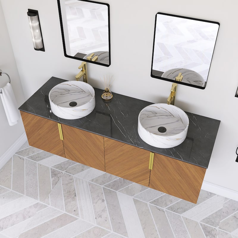 Wall-Mounted Bathroom Vanity with Stone White Ceramic Sink