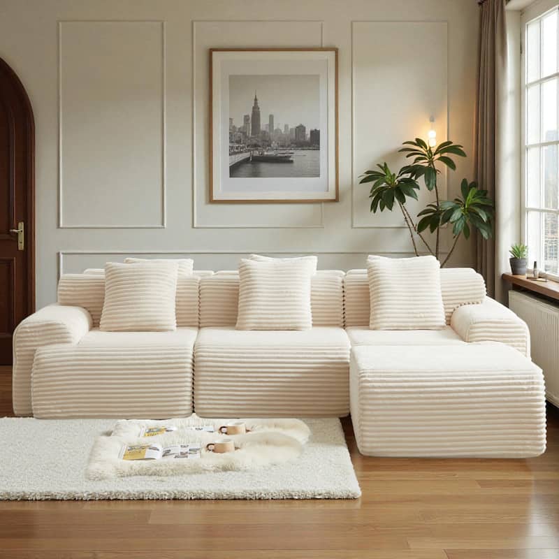 114" Corduroy Modular Sectional Sofa, Boneless Design with 4 Configurable Modules, Wide Backrest & 3 Pillows, No Assembly