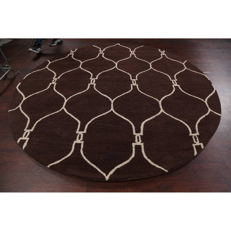 Trellis Brown Contemporary Oriental Area Rug Hand-tufted Wool Carpet - 8'0" x 8'0" Round