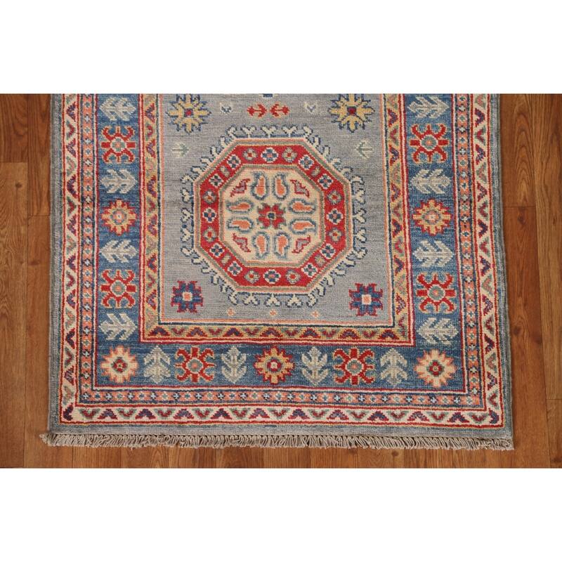 Traditional Geometric Kazak Oriental Grey Wool Runner Rug Hand-knotted - 2'8" x 9'9"