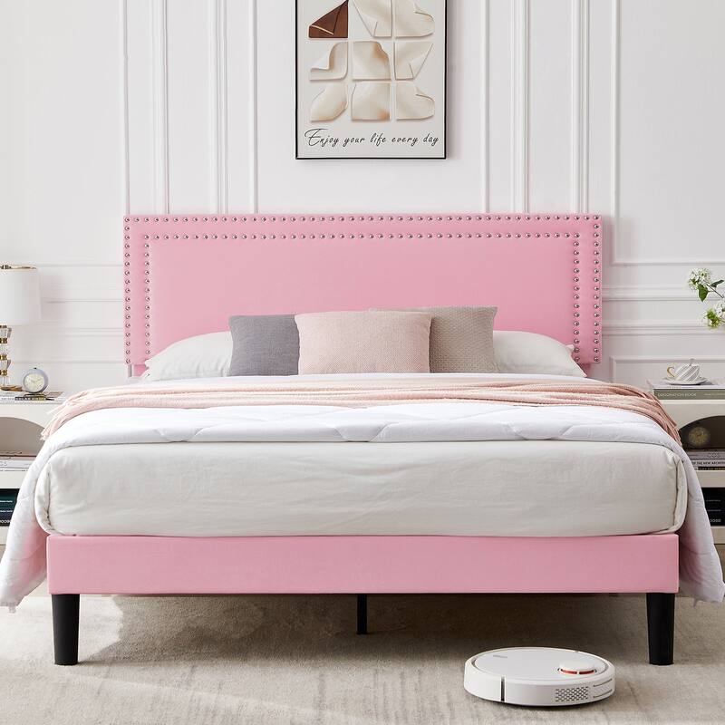 VECELO Upholstered Bed Frames with Height Adjustable Headboard - Pink - Queen