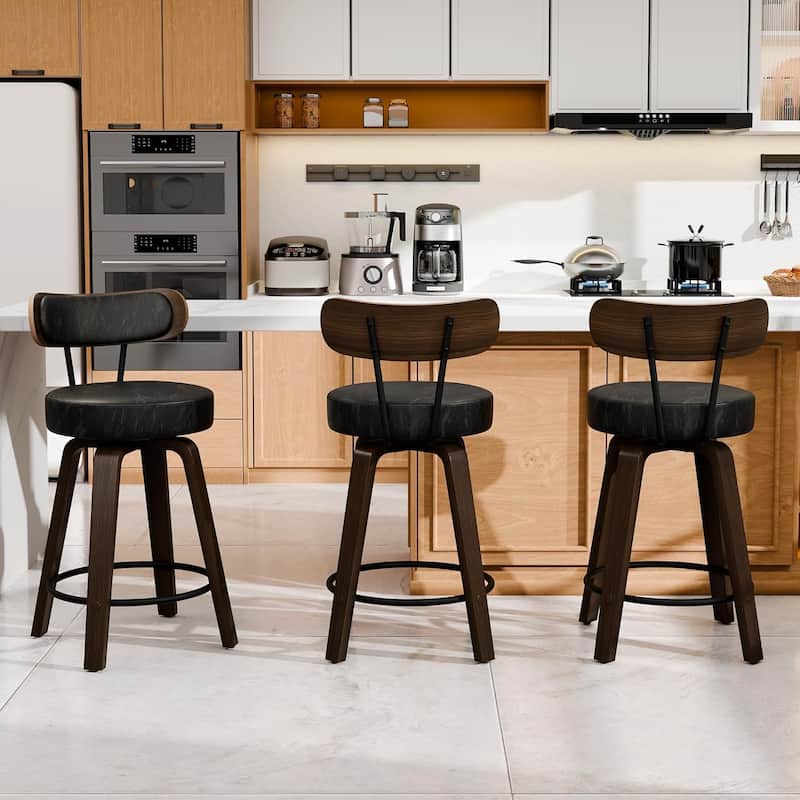 XINMICS 26 Inches Swivel Counter Height Bar Stools with Faux Leather Upholstered Pad Wood Back, Set of 2/3/4 - Set of 3 - Black - Counter Height