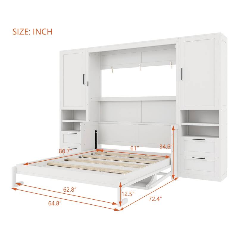 Queen Size Wall Bed with Closet, Drawers, and Shelves in White