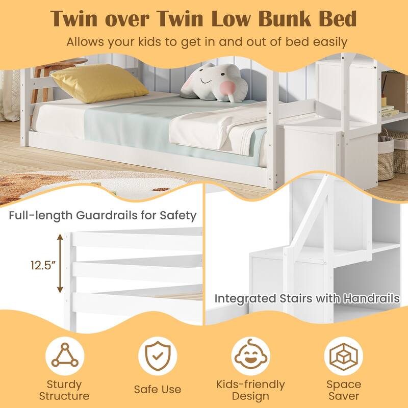 Twin Over Twin Low Bunk Bed with Storage Stairs, Floor Bunk Bed Frame