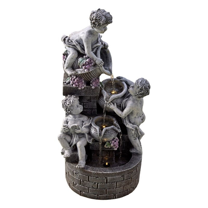 3 Tier Angel Sculpture Outdoor Water Fountain with Grape Decor 20.87in Height and Lights