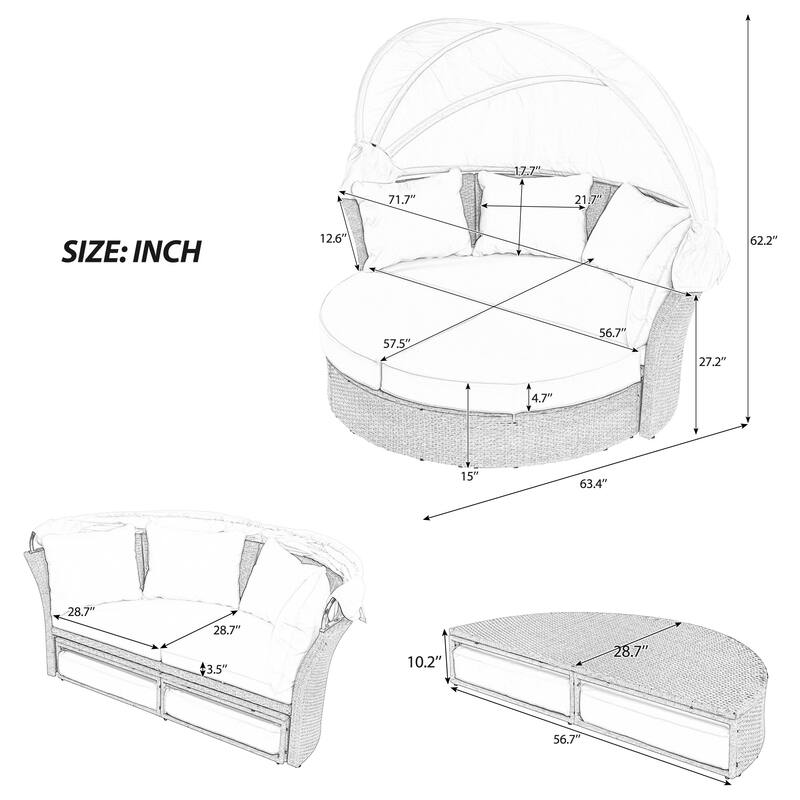 Outdoor Wicker Rattan Double Daybed with Canopy & 4 Pillows