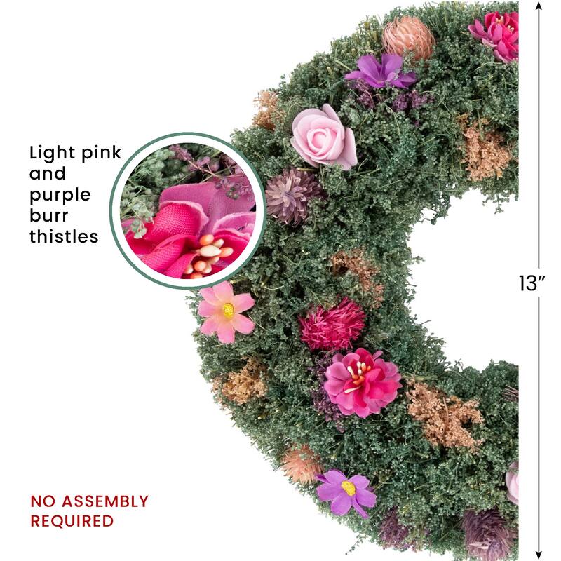 Thistle Mixed Floral Spring Wreath - 13" - Pink and Purple