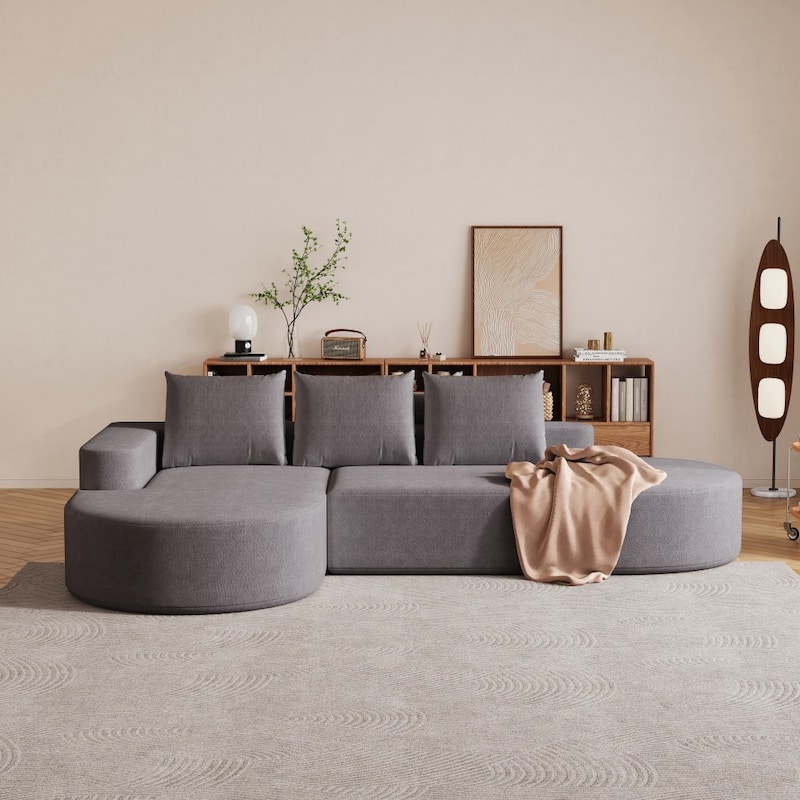 108.5" Modern Curved Chenille Upholstered Sectional Sofa with 3 Pillows - Grey - Right Facing