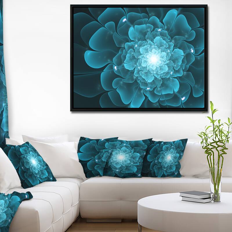 Designart "Fractal Flower Clear Blue Digital Art" Floral Framed Canvas Art Print
