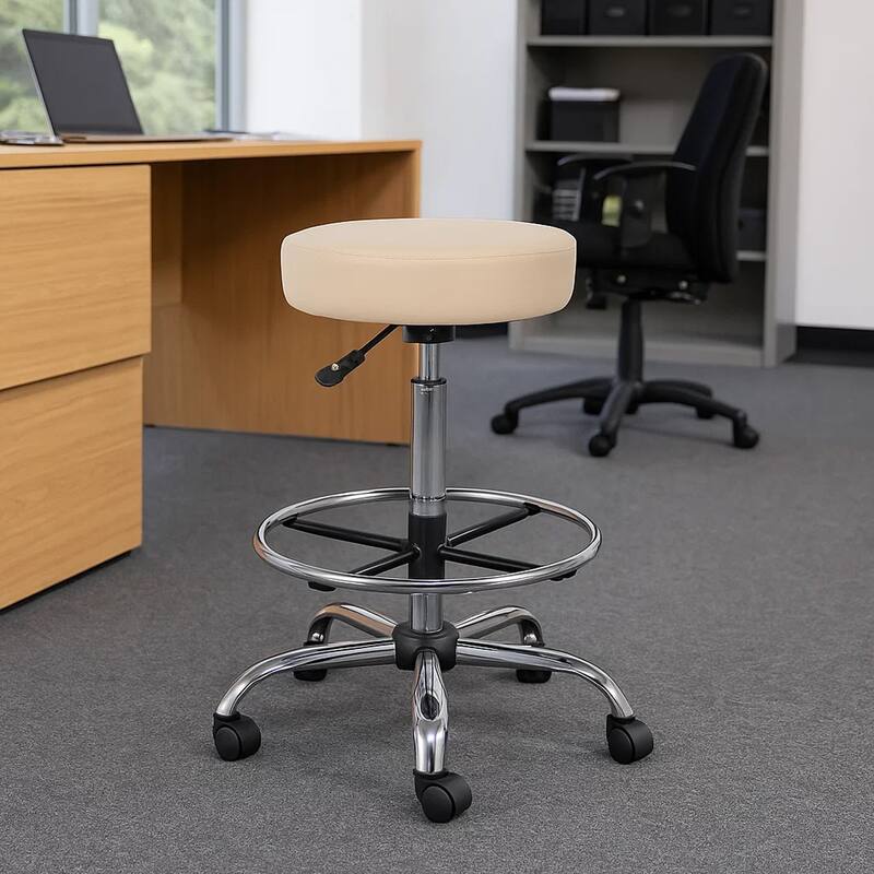 Fea Medical Drafting Stool, Round Beige Vinyl, Chrome Footring