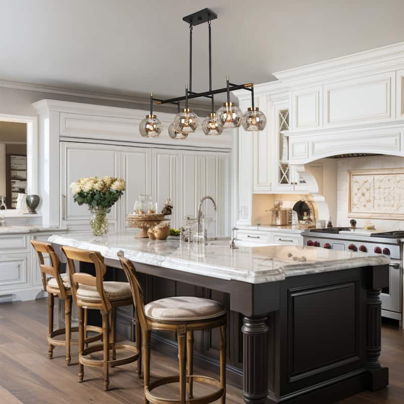 Modern Glam 3/6-Light Black Gold Linear Chandelier Kitchen Island Pendant Lights with Mercury Glass