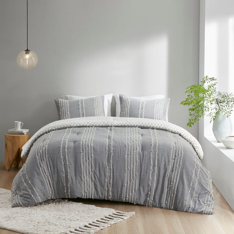 INK+IVY Kara 3 Piece Cotton Jacquard Comforter Set - Gray - Queen