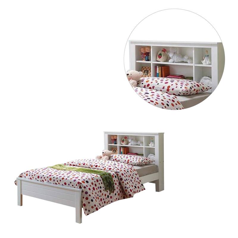 Wooden Twin Bed with Shelf Headboard in White