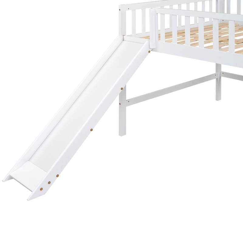 Full Size Low Loft Bed with Slide and Ladder, Space-Saving Design, White