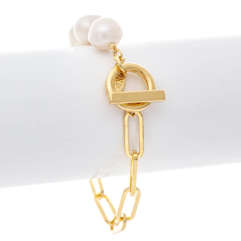 Mother of Pearl Bead and Chain Toggle Bracelet - Gold