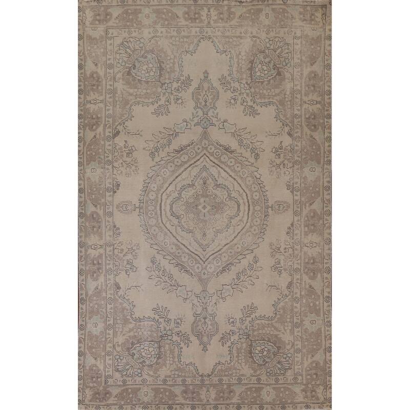 Hand Knotted Oriental 100% Wool Carpet Traditional Medallion Beige & Ivories Tabriz Area Rug - 9' 4'' X 6' 5''