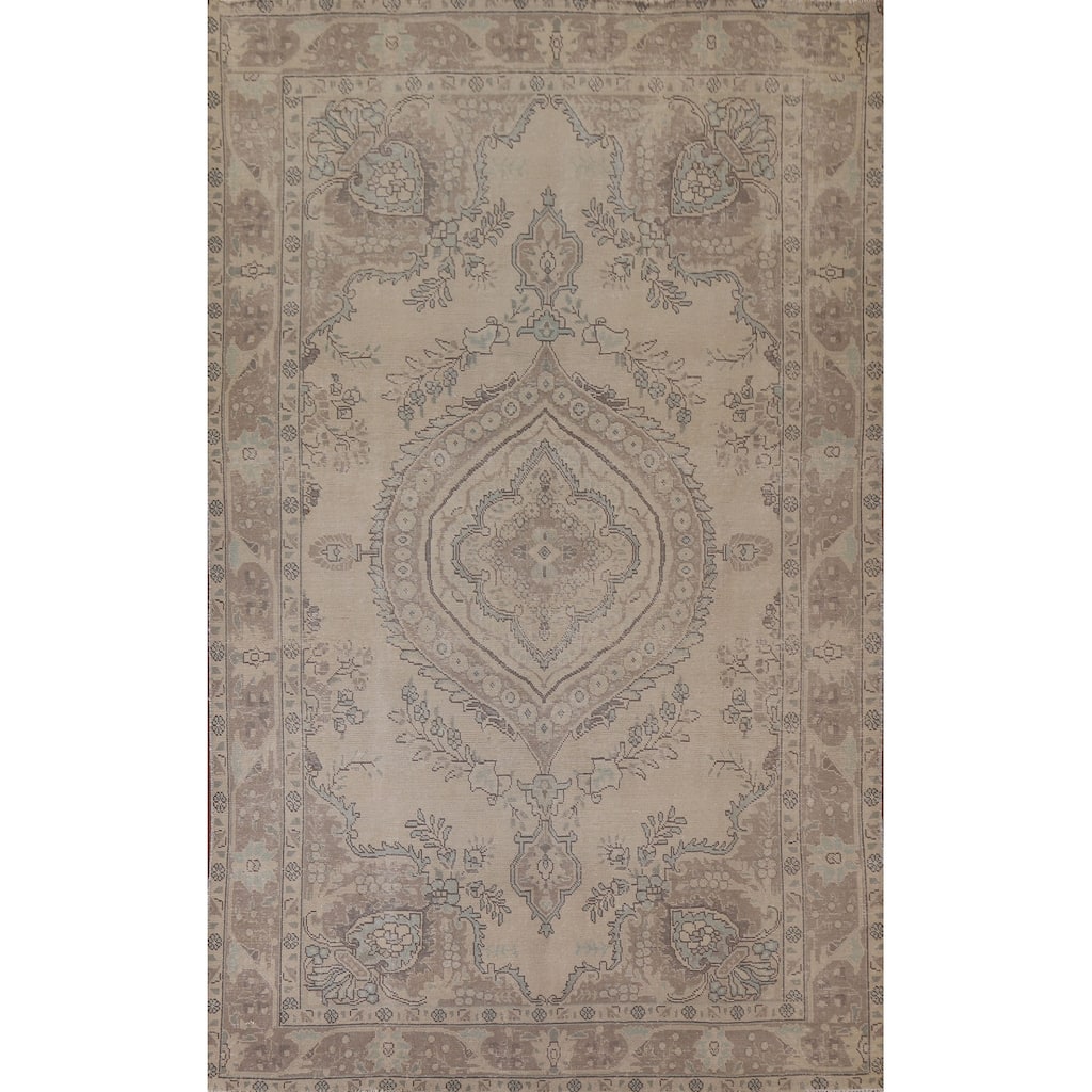 Hand Knotted Oriental 100% Wool Carpet Traditional Medallion Beige & Ivories Tabriz Area Rug - 9' 4'' X 6' 5''