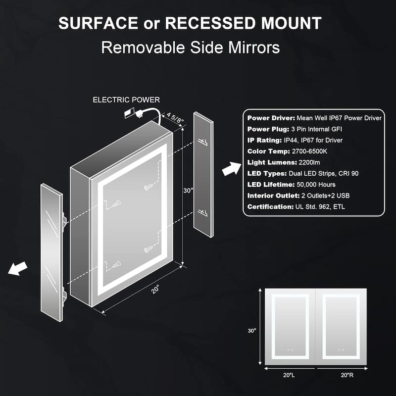 30" H Recessed or Surface LED Mirror Cabinet with Adjustable Glass Shelves,Defogger, Dimmer And Outlets & USB Ports