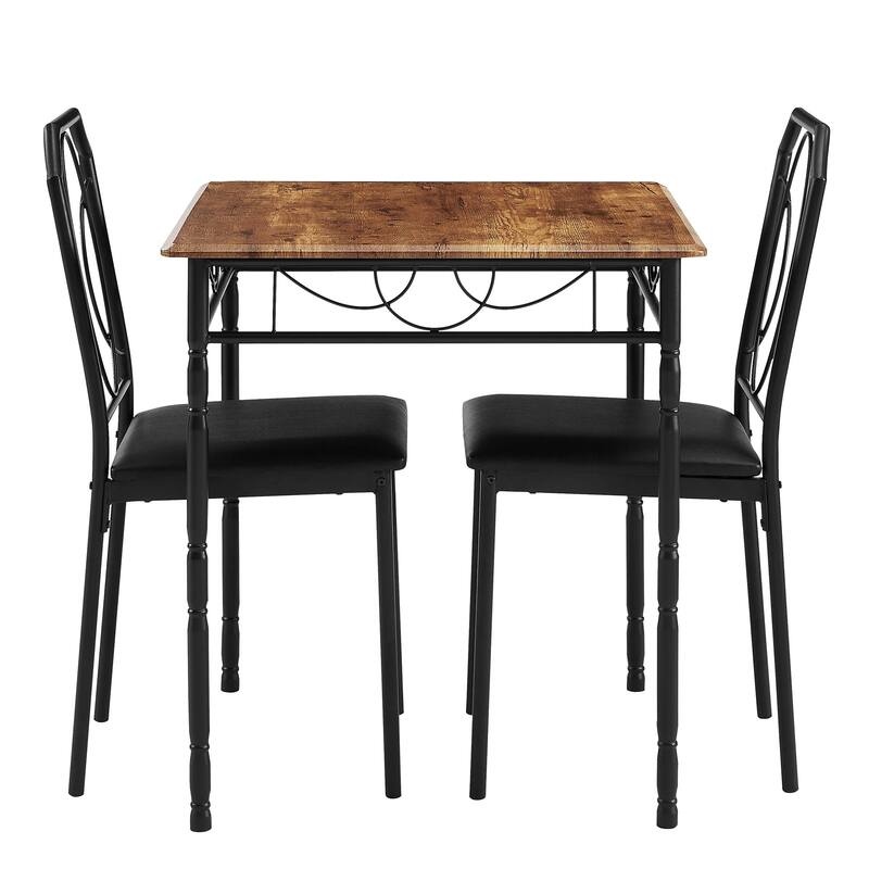 VECELO Industrial 3-Piece Space-Saving Square Dining Set MDF Table with Black PU Leather Dining Chairs Small Spaces