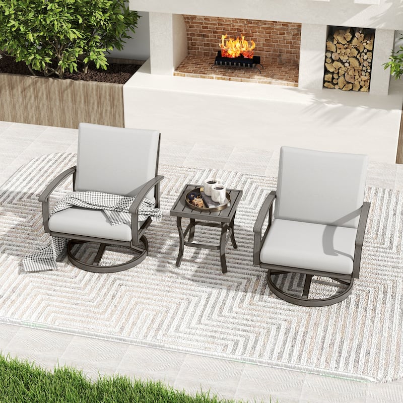 3-Piece Aluminum Patio Bistro Set with End Table, Swivel Armchairs and Light Gray Cushions