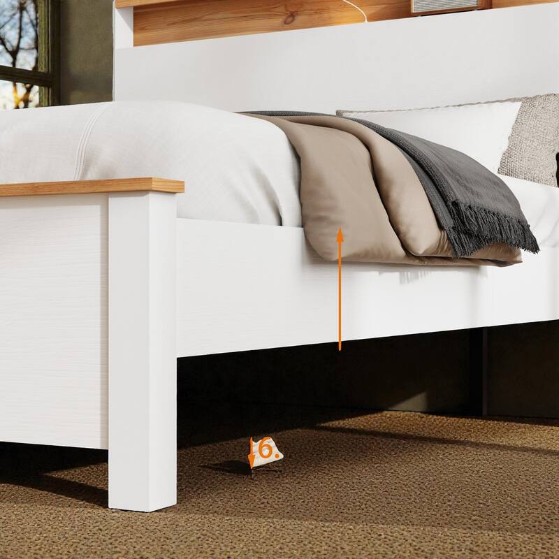 Rustic Wooden Bed Frame with Storage Headboard, LED Lights and Charging Station, Noise-Free Metal Slats, No Box Spring Needed