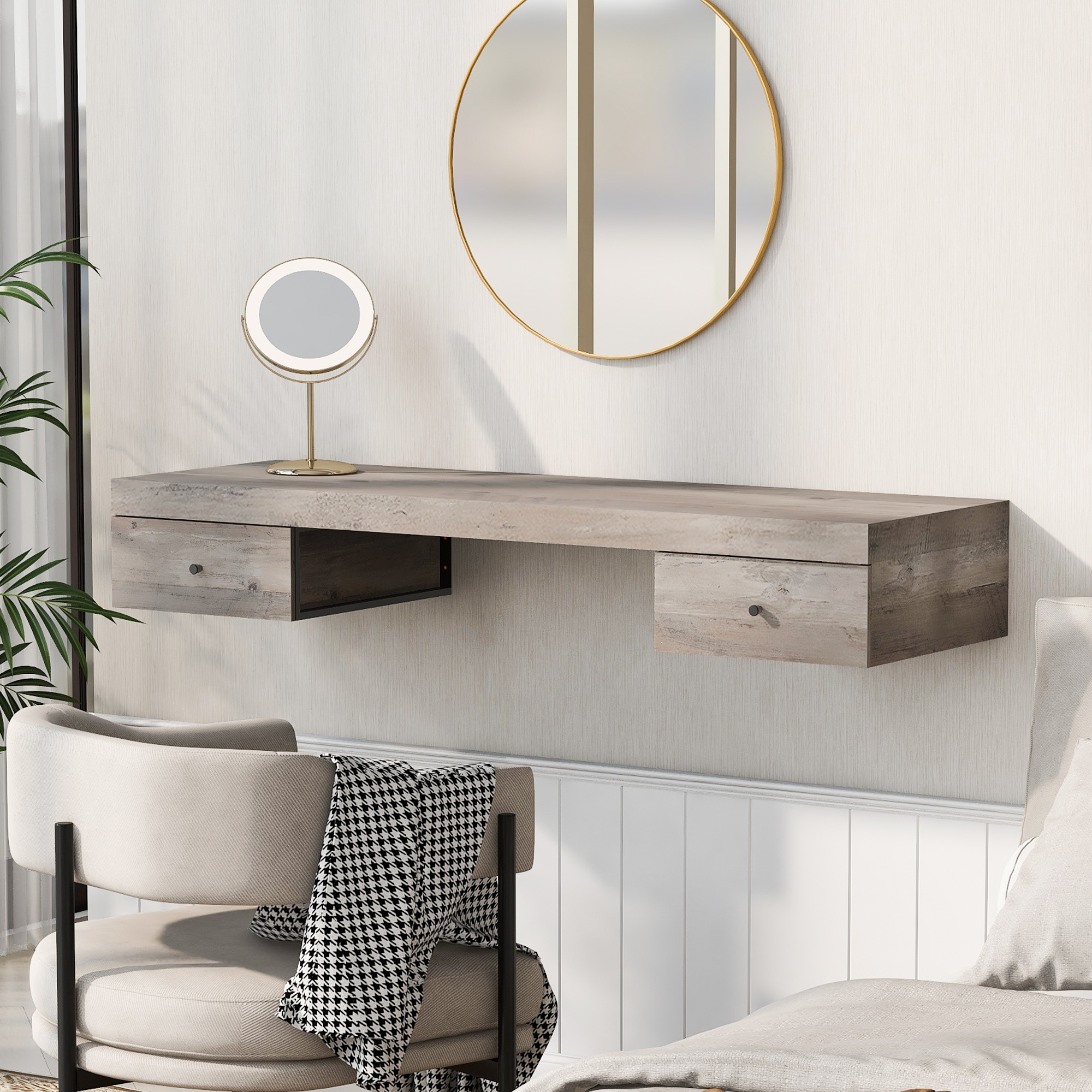 Earth Table 47.2 Wall Mounted Vanity Desk Floating Vanity Shelf with Drawers Dressing Table with Wooden Sticker Computer Table Desk Grey