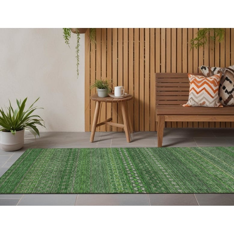 Alfisi Stripe Weather Resistant Timeless Fusion Outdoor Rug - 2' X 8' - Green
