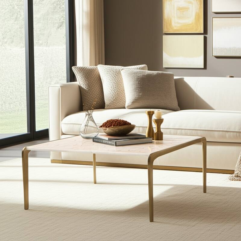 Metal Coffee Table Mosaic Top Minimalist Savoir Design - 19" Gold - 40" x 40" x 18.75"