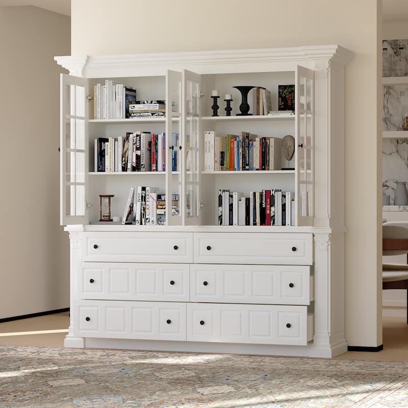 White Glass Door China Cabinet with Drawers, Large Buffet Hutch Sideboard Storage Cabinet for Dining Room - 74.8"x74.8"