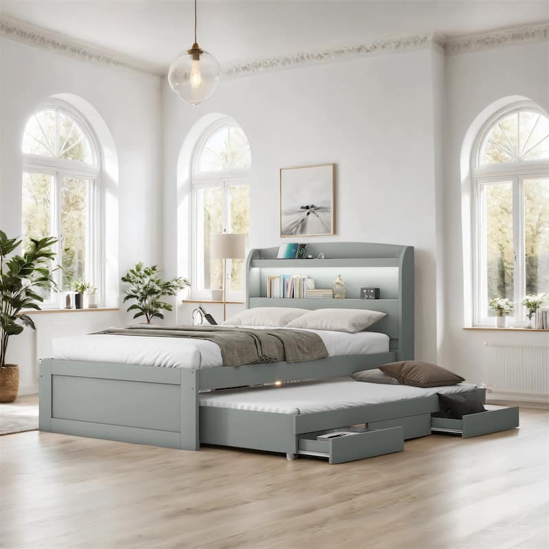 Twin XL Size Platform Bed with Charging Station, Twin Size Trundle