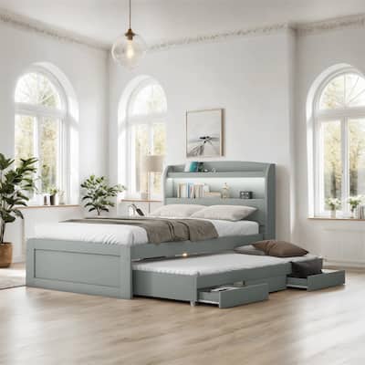 Twin XL Size Platform Bed with Charging Station, Twin Size Trundle