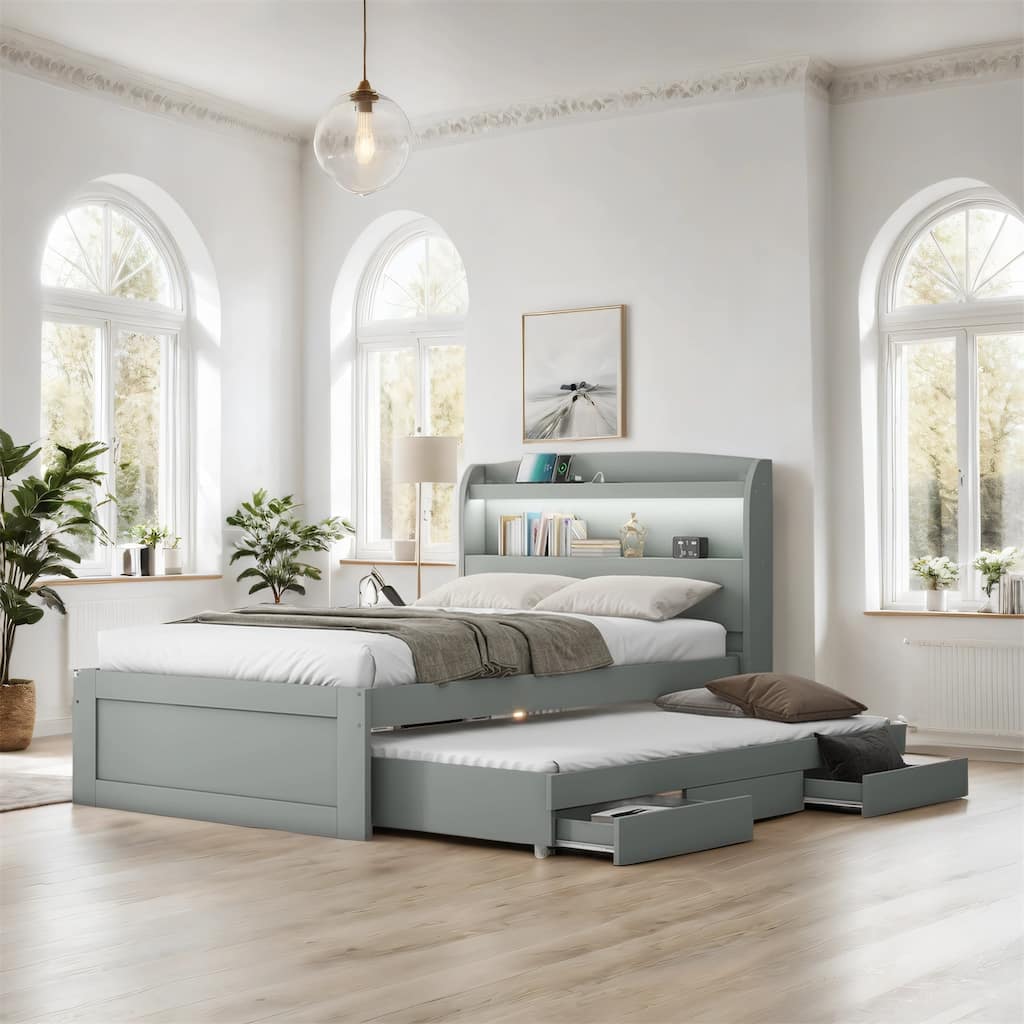 Twin XL Size Platform Bed with Charging Station, Twin Size Trundle