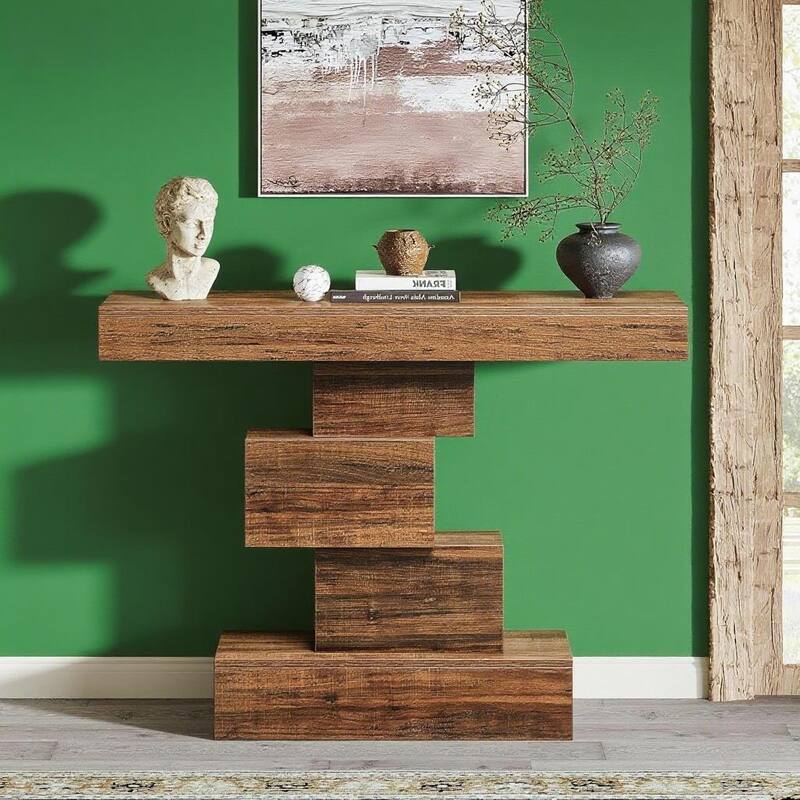 Brown Farmhouse Console Table 47 Inch E1 Particle Board Entryway Sofa Accent Table with Geometric Base