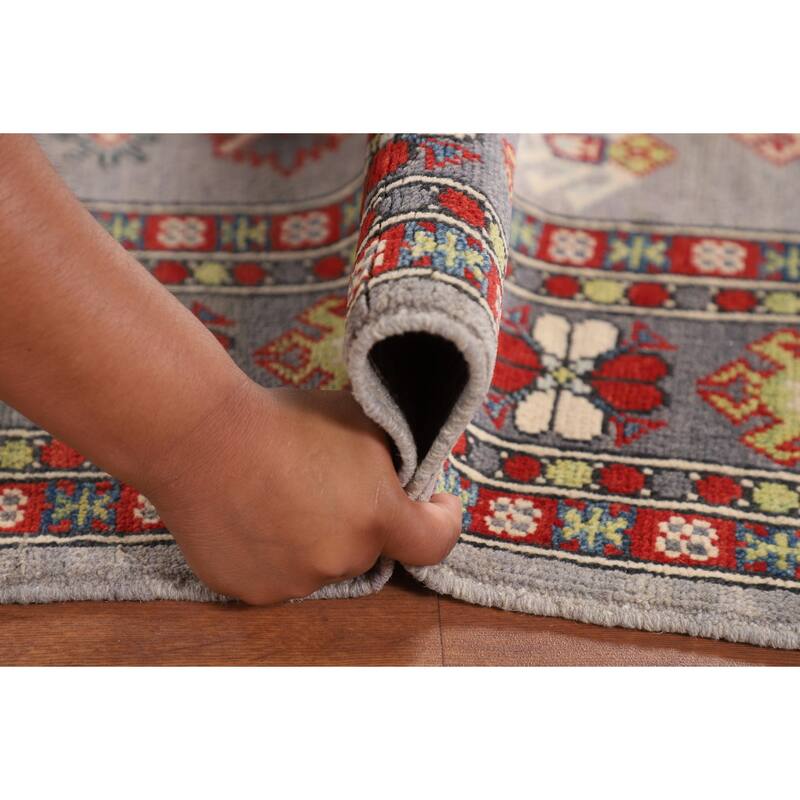 Gray Geometric Kazak Area Rug Living Room Handmade Wool Carpet - 5'7" x 7'3"