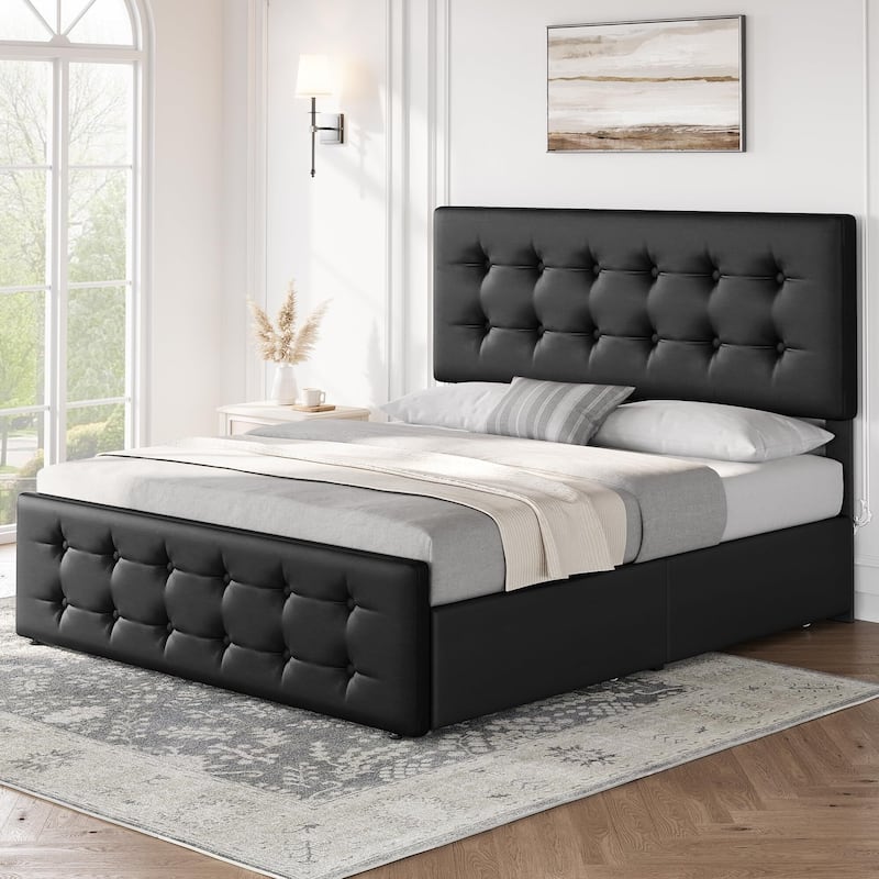 Bed Frame with 4 Storage Drawers and Headboard - Black_Full - Full