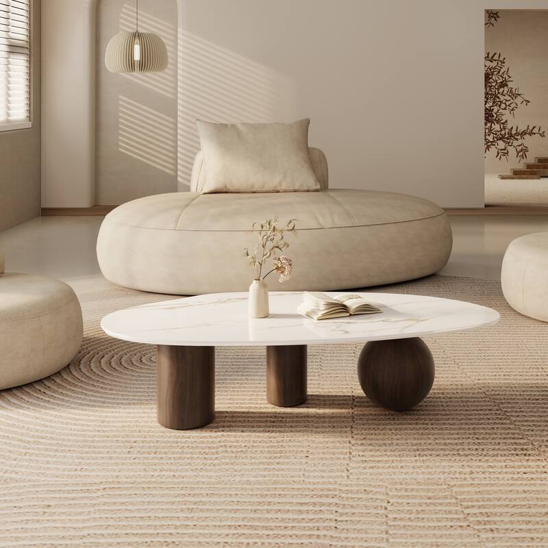 Modern 54" Coffee Table, White Sintered Stone Table-top, 3 Stainless Steel legs, Free form