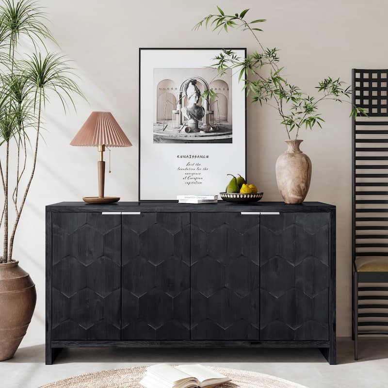60" Farmhouse Antique Black 4 Wooden Door Sideboard Buffet Server Accent Storage Cabinet