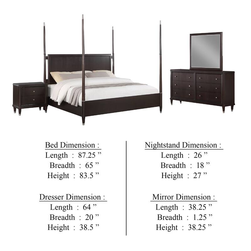 Amber 4pc Poster Queen Bed Set, Modern Dark Brown Wood, Dresser Mirror